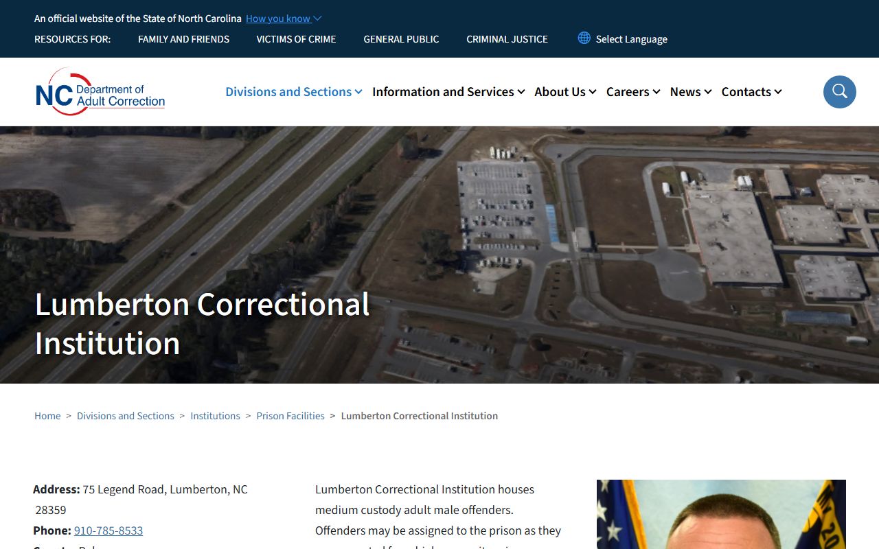NCDAC Lumberton Correctional Institution page showing capacity, custody level, warden, and programs